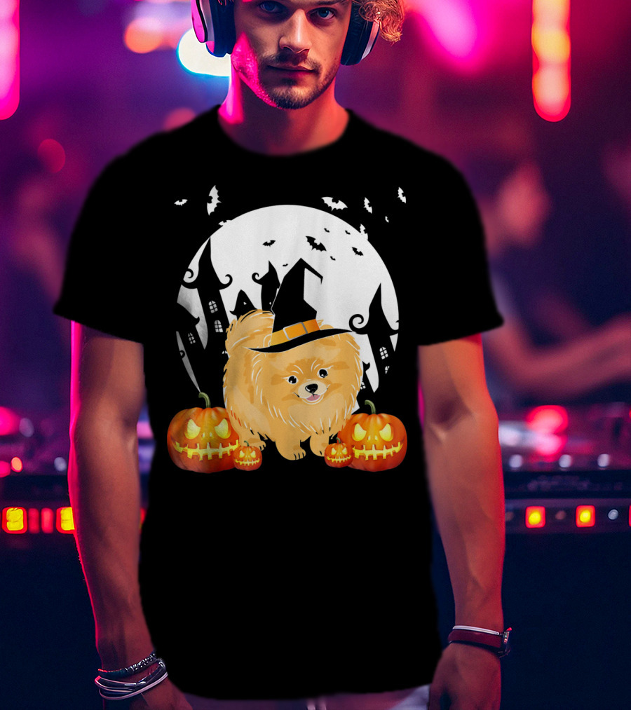 Happy Halloween Little Witch Pomeranian Dog With Pumpkins And Haunted House T-Shirt