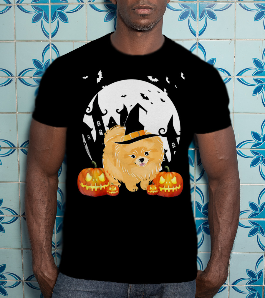 Happy Halloween Little Witch Pomeranian Dog With Pumpkins And Haunted House T-Shirt