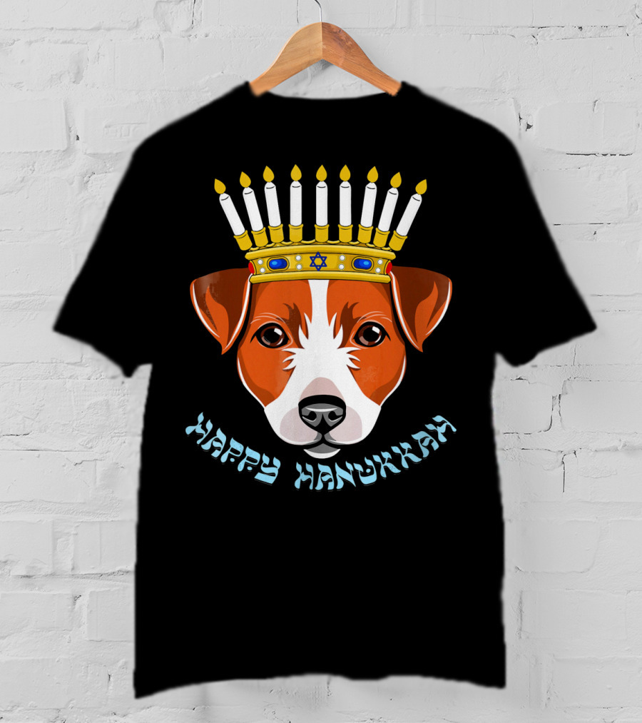 Happy Hanukkah Jack Russell Menorah Hat Candle T-Shirt