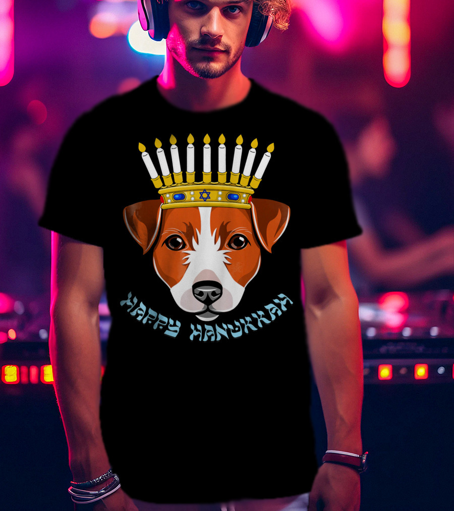 Happy Hanukkah Jack Russell Menorah Hat Candle T-Shirt