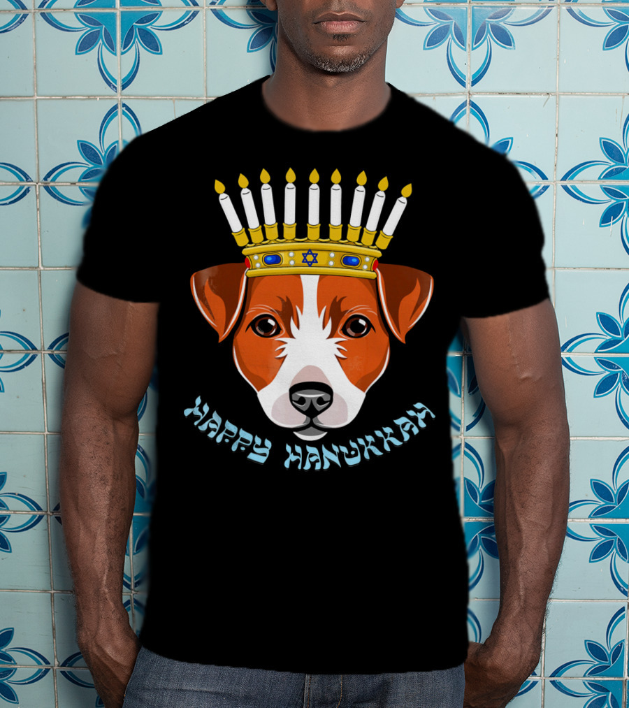 Happy Hanukkah Jack Russell Menorah Hat Candle T-Shirt