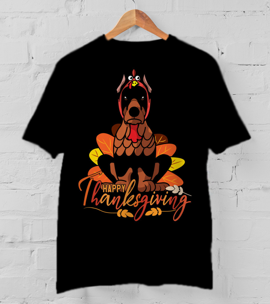 Happy Thanksgiving Doberman Pinscher Turkey Autumn Leaves T-Shirt