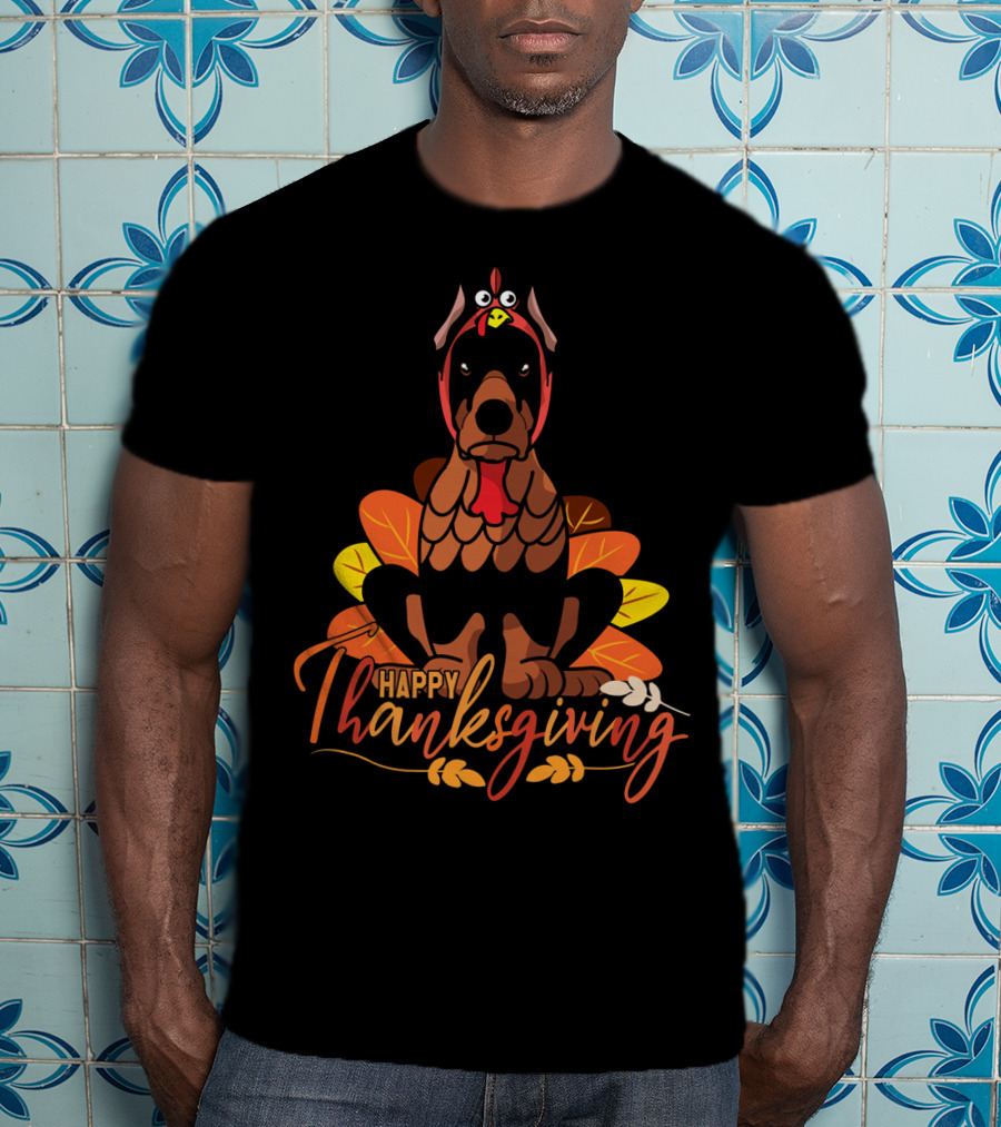 Happy Thanksgiving Doberman Pinscher Turkey Autumn Leaves T-Shirt