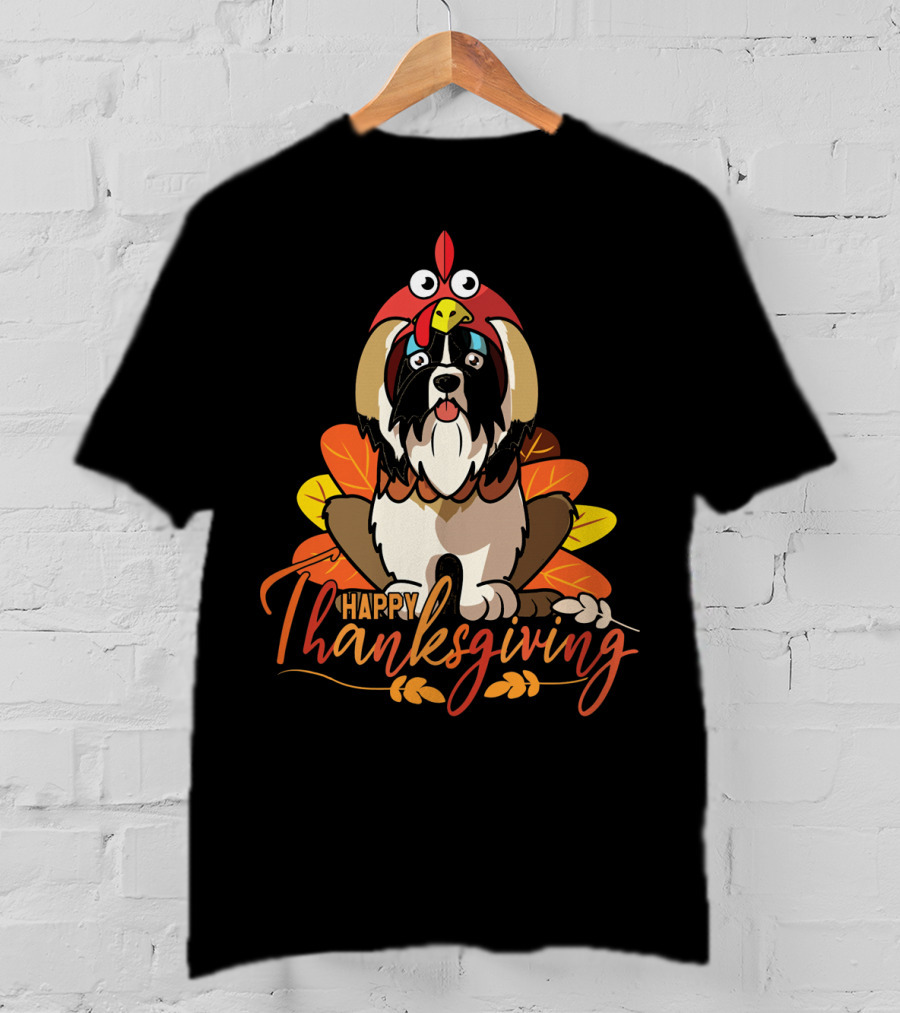 Happy Thanksgiving Shih Tzu In Turkey Costume With Leaves T-Shirt