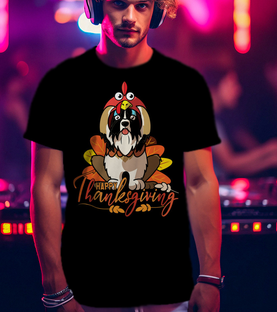 Happy Thanksgiving Shih Tzu In Turkey Costume With Leaves T-Shirt