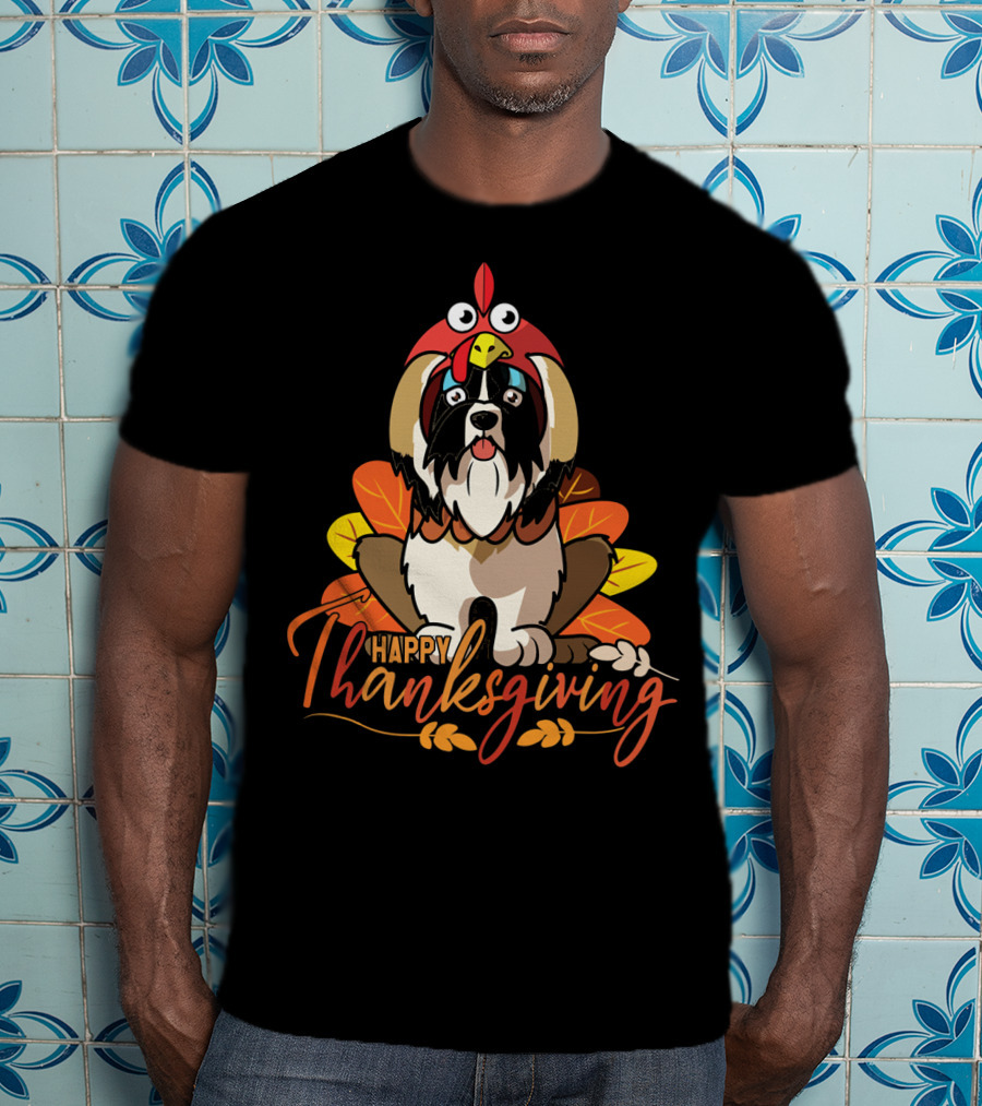 Happy Thanksgiving Shih Tzu In Turkey Costume With Leaves T-Shirt