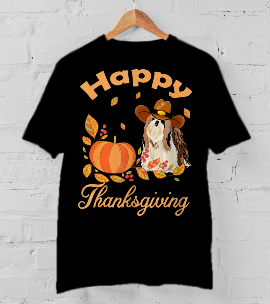 Happy Thanksgiving Shih Tzu Cowboy Pumpkin Leaves T-Shirt
