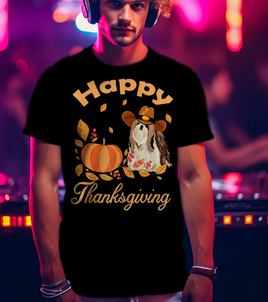 Happy Thanksgiving Shih Tzu Cowboy Pumpkin Leaves T-Shirt