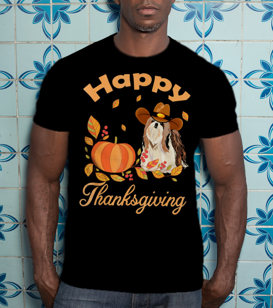 Happy Thanksgiving Shih Tzu Cowboy Pumpkin Leaves T-Shirt
