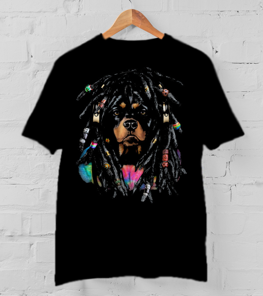 Rottweiler Dog With Dreadlocks Wearing Reggae Accessories T-Shirt