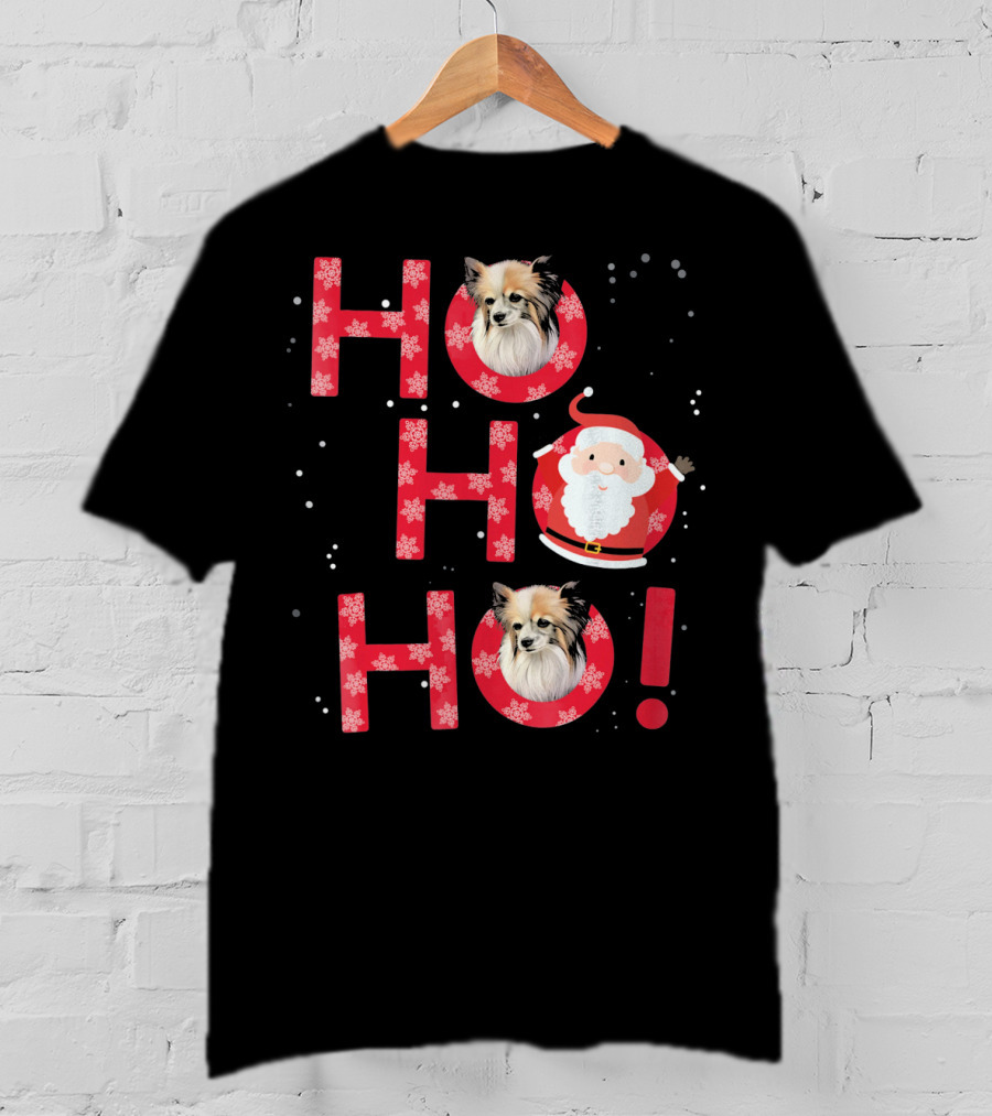 Ho Ho Ho Papillon Dog Santa's Laugh With Snowflakes T-Shirt