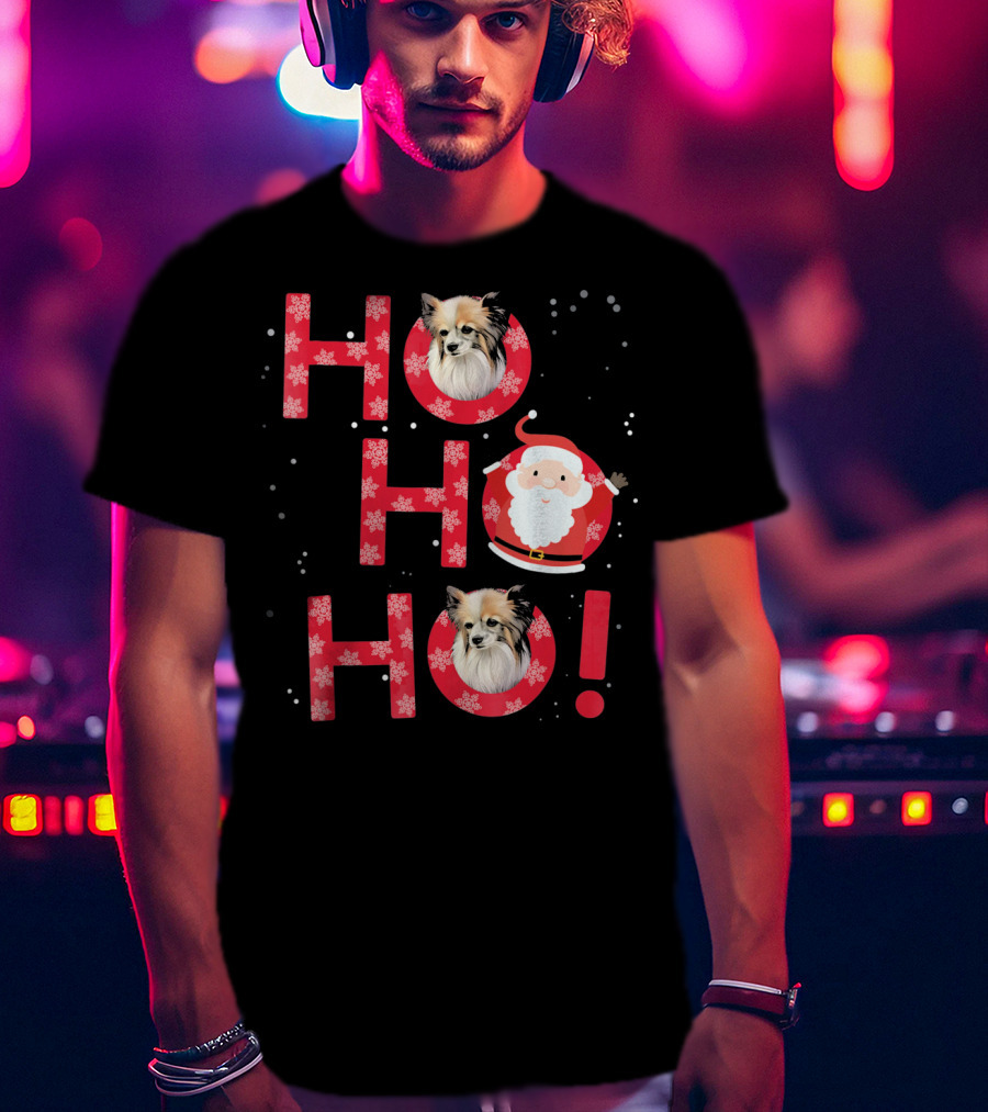 Ho Ho Ho Papillon Dog Santa's Laugh With Snowflakes T-Shirt
