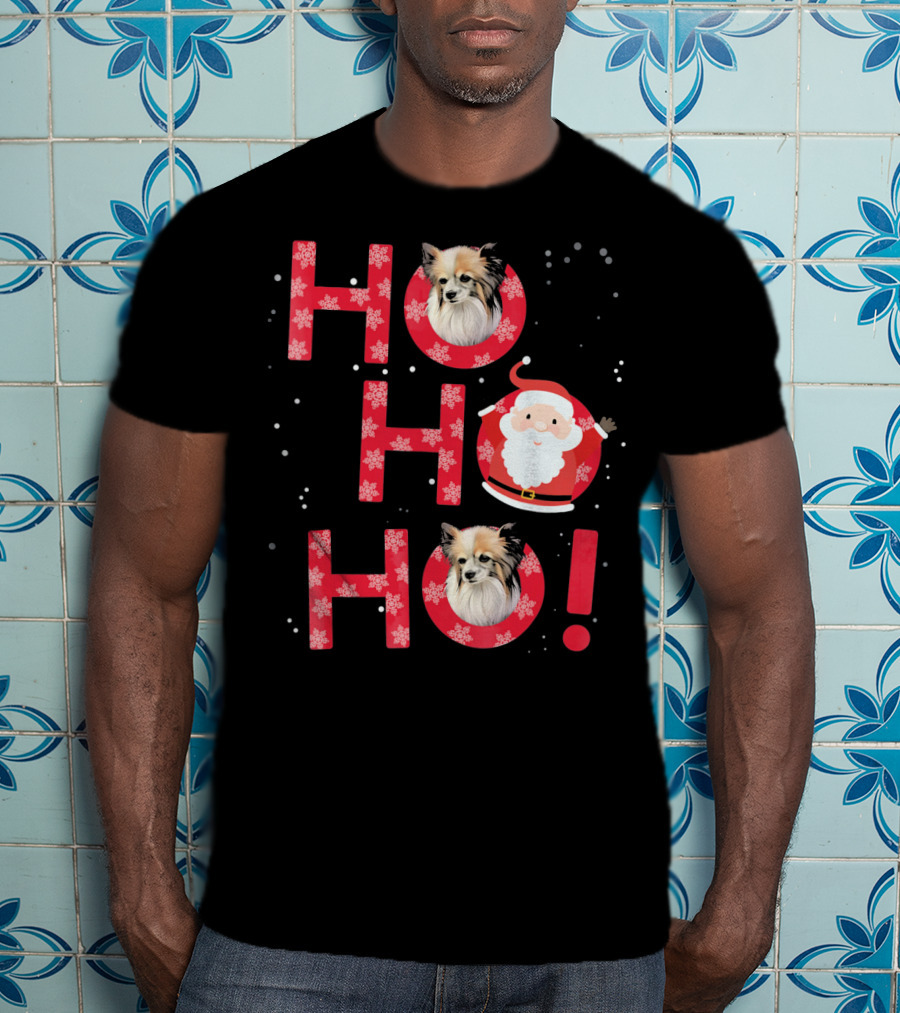 Ho Ho Ho Papillon Dog Santa's Laugh With Snowflakes T-Shirt