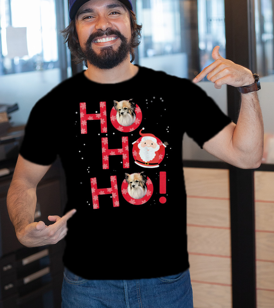 Ho Ho Ho Papillon Dog Santa's Laugh With Snowflakes T-Shirt