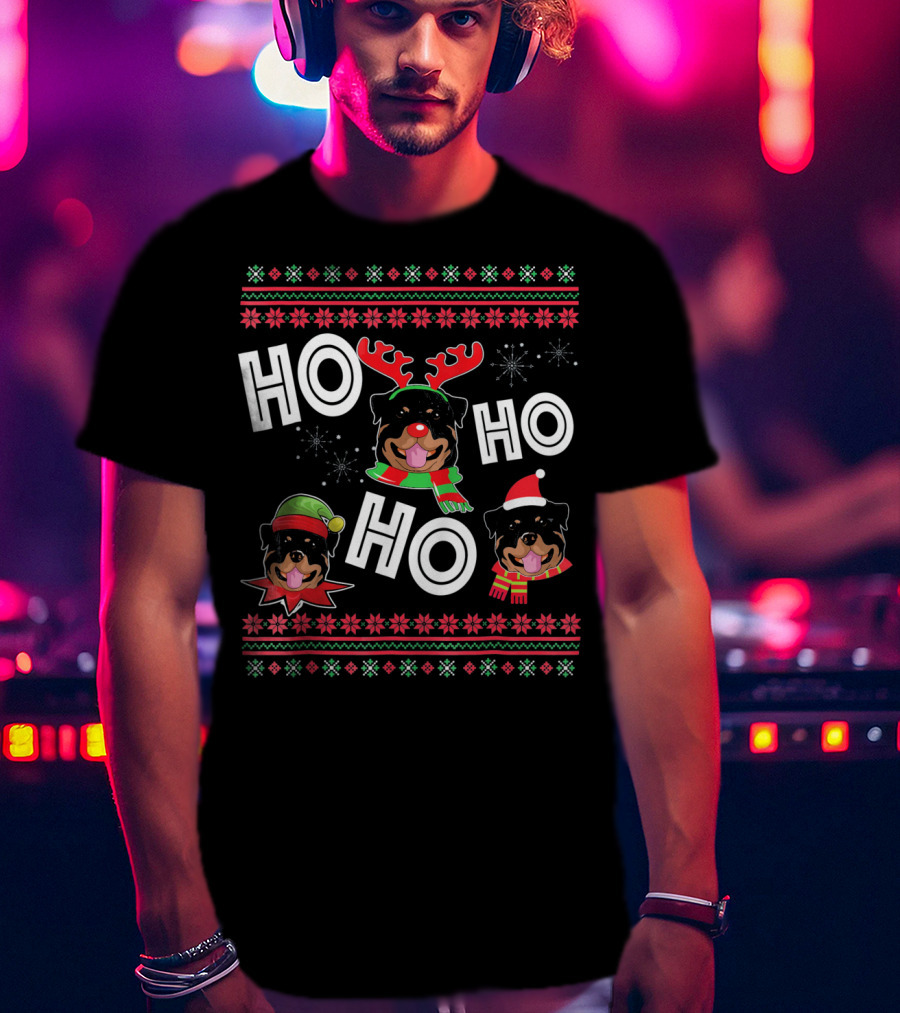 HO HO HO Rottweiler Christmas Reindeer Funny Dog T-Shirt