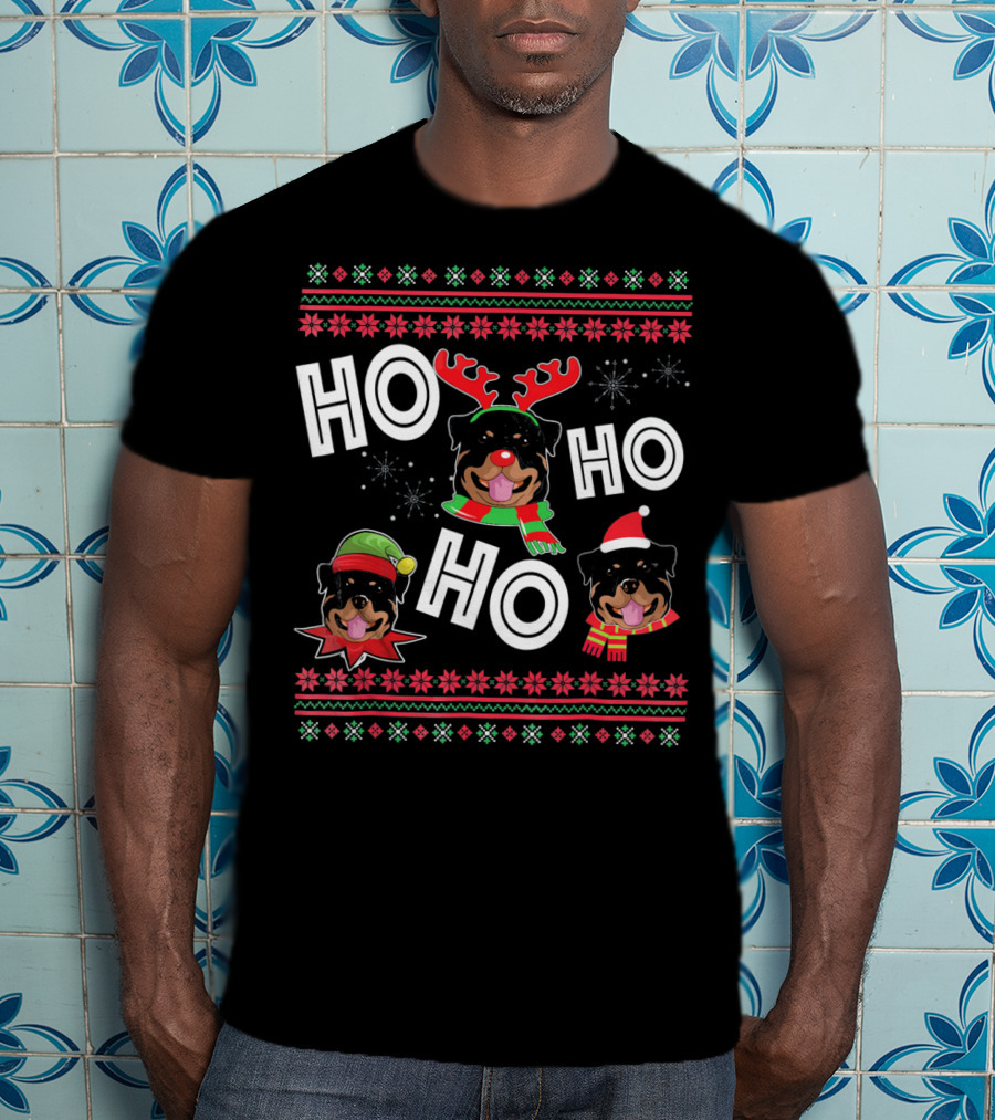 HO HO HO Rottweiler Christmas Reindeer Funny Dog T-Shirt