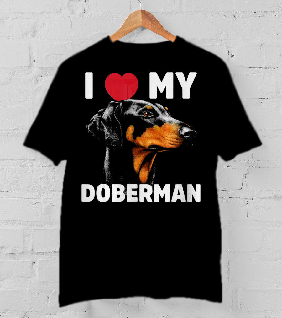 I Love My Doberman Heart Black Background Realistic T-Shirt