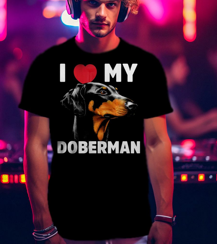 I Love My Doberman Heart Black Background Realistic T-Shirt