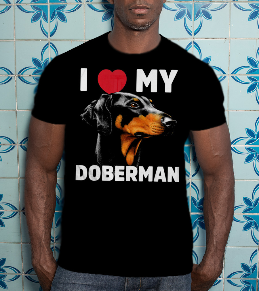 I Love My Doberman Heart Black Background Realistic T-Shirt