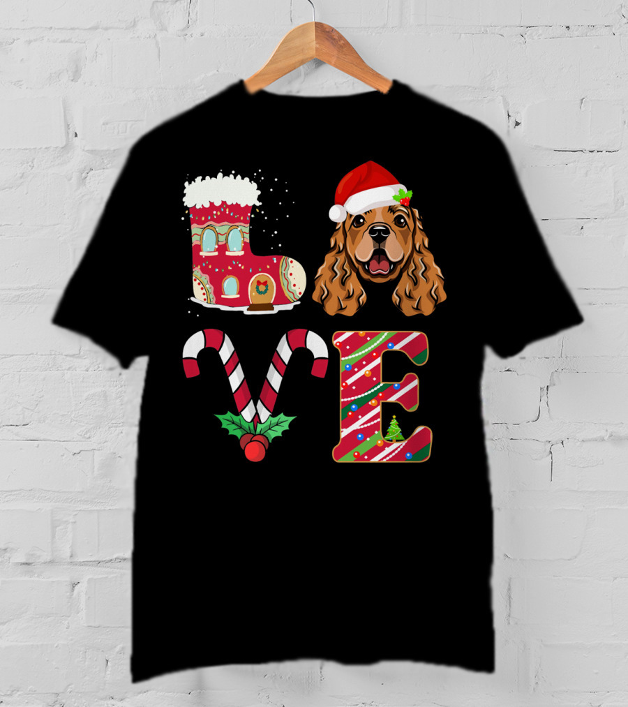 I Love My English Cocker Spaniel Christmas Candy Cane Santa Hat T-Shirt