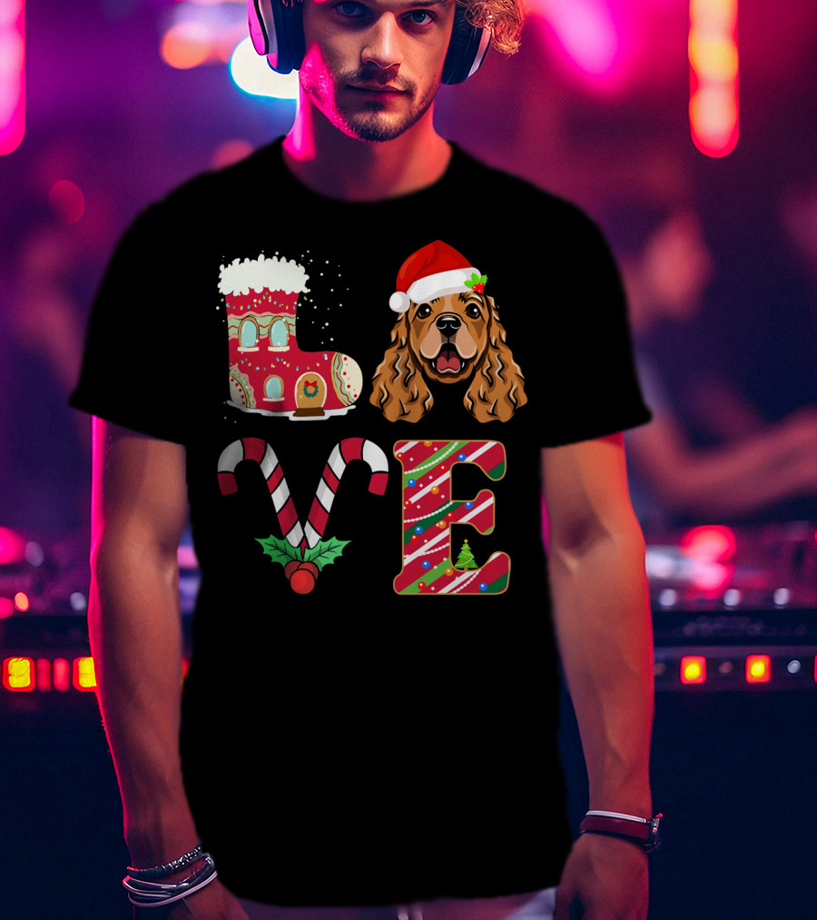 I Love My English Cocker Spaniel Christmas Candy Cane Santa Hat T-Shirt