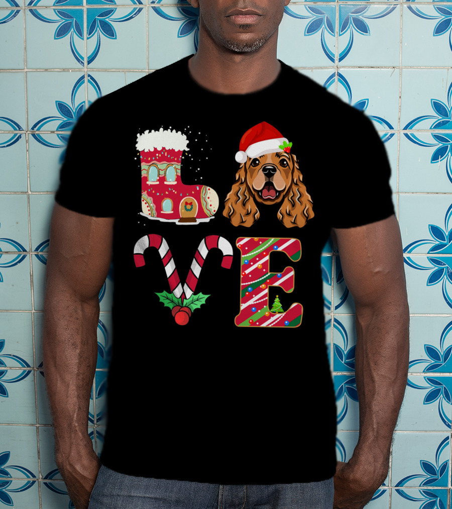 I Love My English Cocker Spaniel Christmas Candy Cane Santa Hat T-Shirt