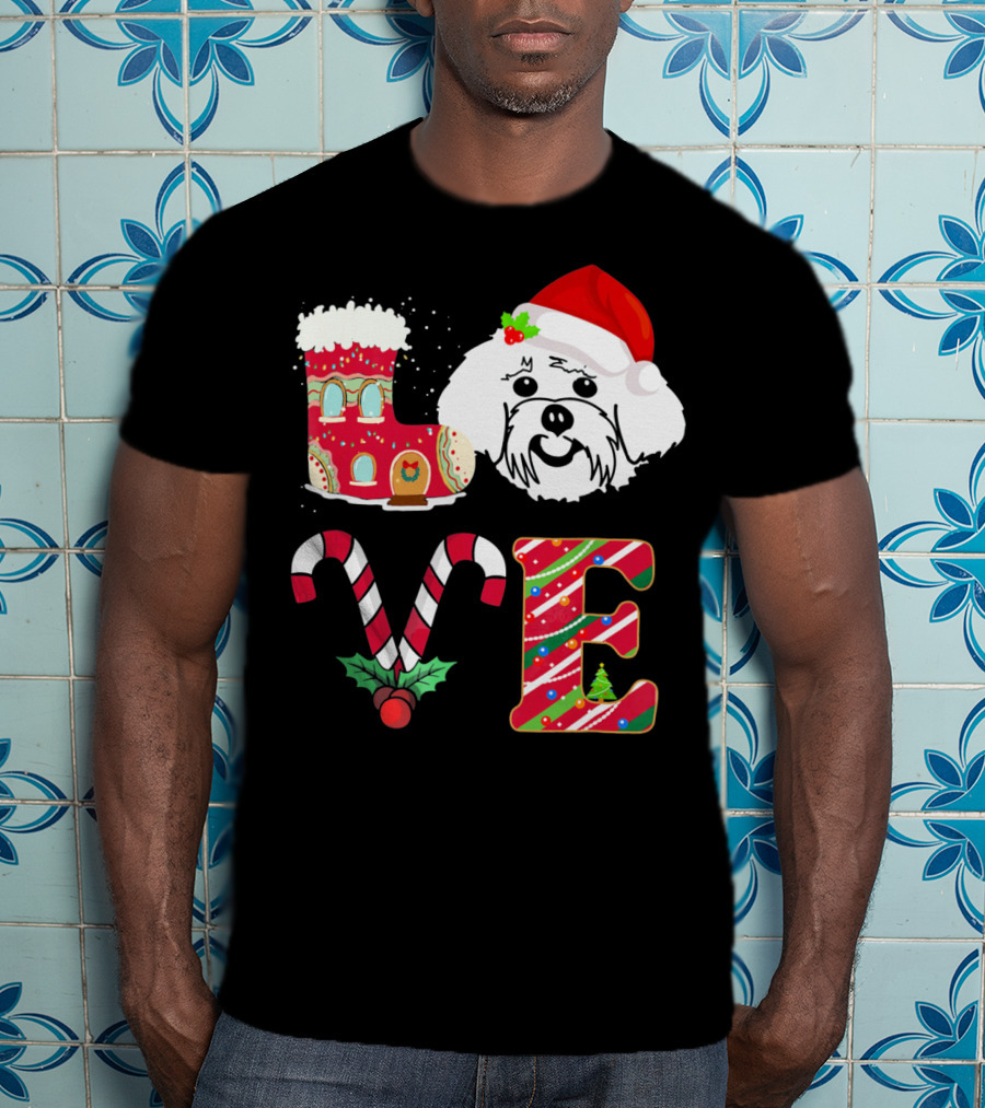 I Love My Maltese Christmas Candy Cane Gingerbread Santa Hat T-Shirt