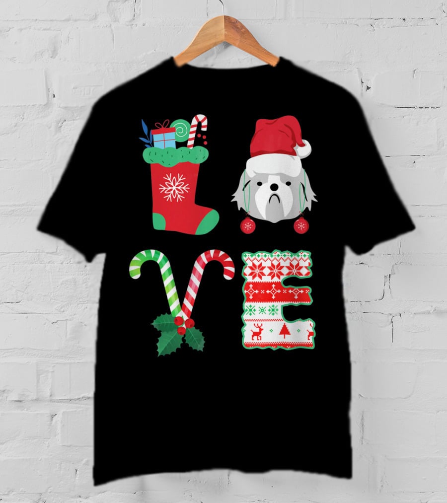 Love Shih Tzu Christmas Dog In Santa Hat With Stocking Candy Canes T-Shirt