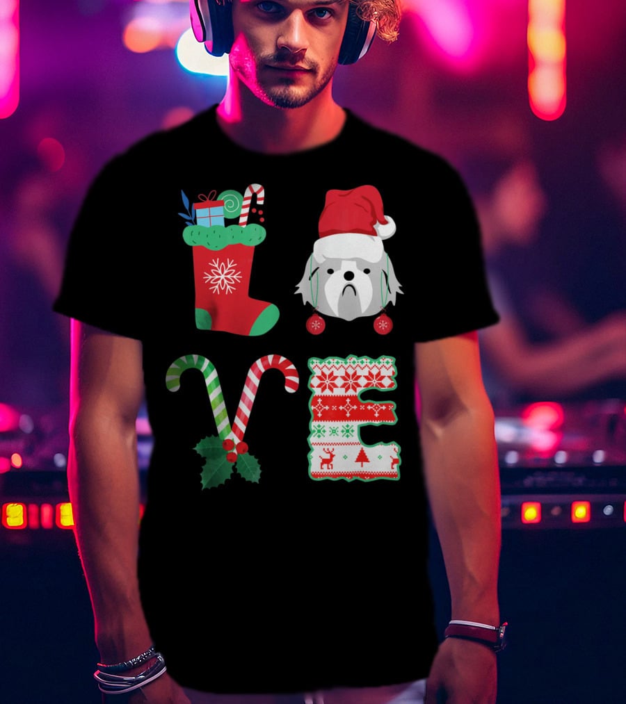 Love Shih Tzu Christmas Dog In Santa Hat With Stocking Candy Canes T-Shirt