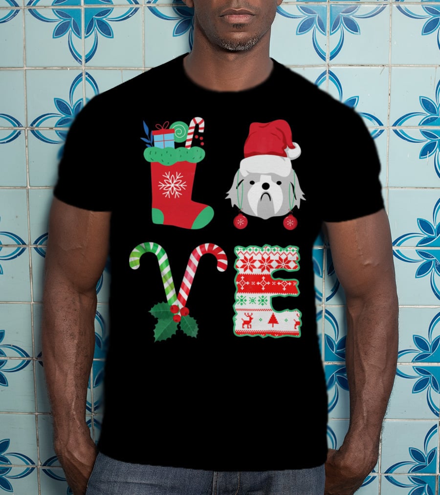 Love Shih Tzu Christmas Dog In Santa Hat With Stocking Candy Canes T-Shirt