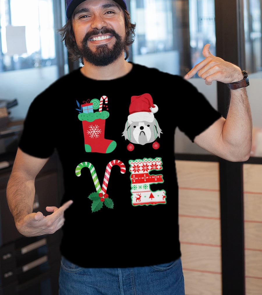 Love Shih Tzu Christmas Dog In Santa Hat With Stocking Candy Canes T-Shirt