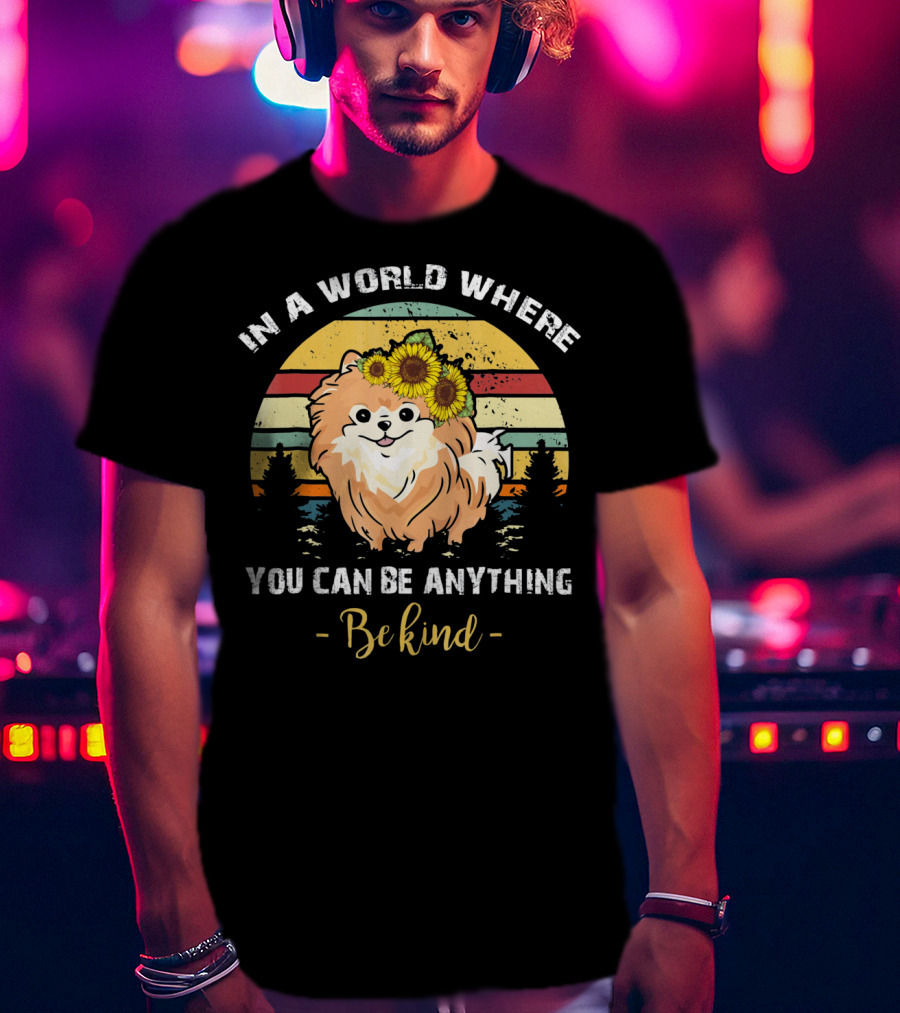 In A World Where You Can Be Anything Be Kind Pomeranian Vintage Retro Sunflowers T-Shirt
