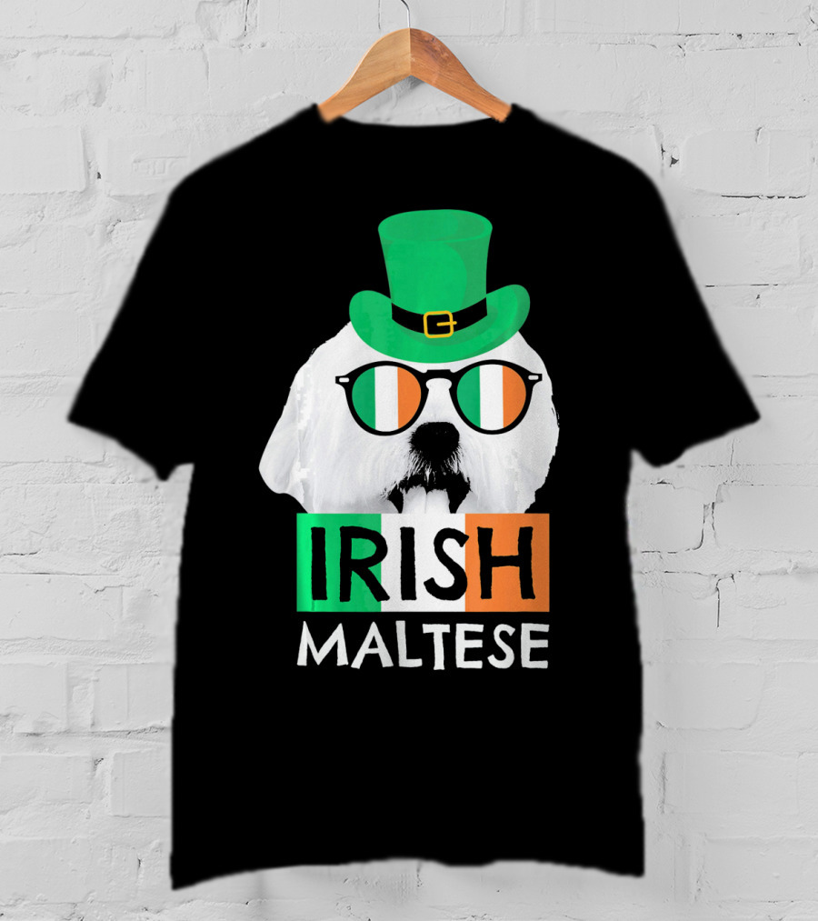 Irish Maltese St Patricks Day Dog Wearing Shamrock Hat And Glasses T-Shirt