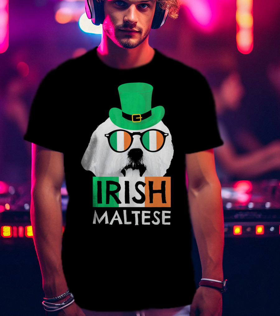 Irish Maltese St Patricks Day Dog Wearing Shamrock Hat And Glasses T-Shirt