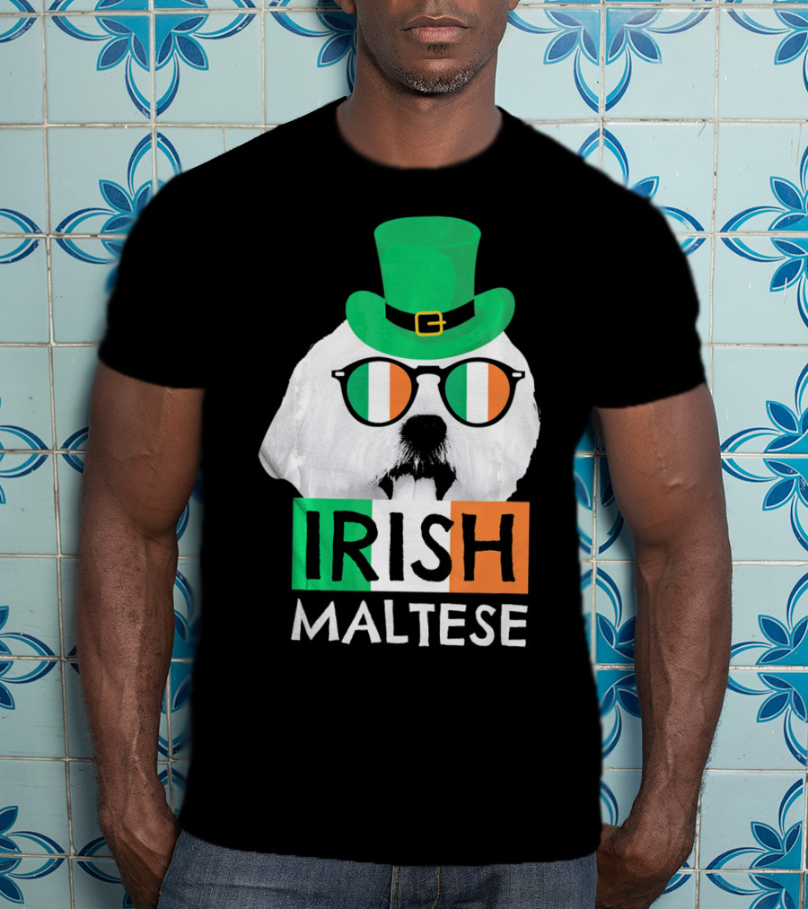Irish Maltese St Patricks Day Dog Wearing Shamrock Hat And Glasses T-Shirt