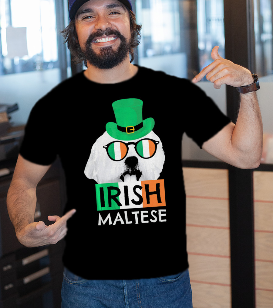 Irish Maltese St Patricks Day Dog Wearing Shamrock Hat And Glasses T-Shirt