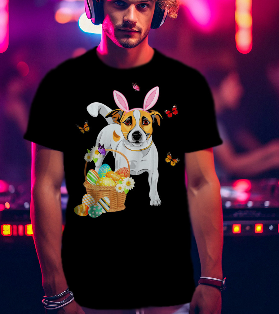 Jack Russell Bunny Hat Easter Eggs Basket Butterflies T-Shirt