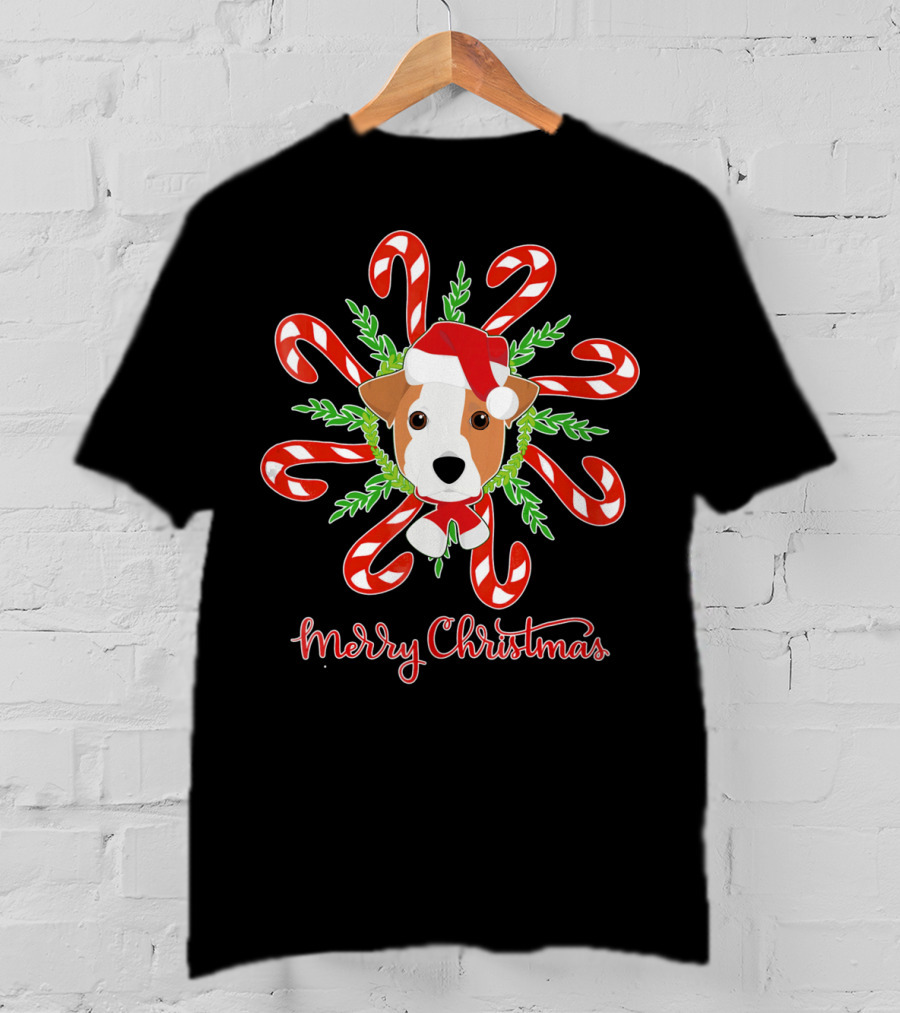 Merry Christmas Jack Russell Candy Cane Wreath T-Shirt