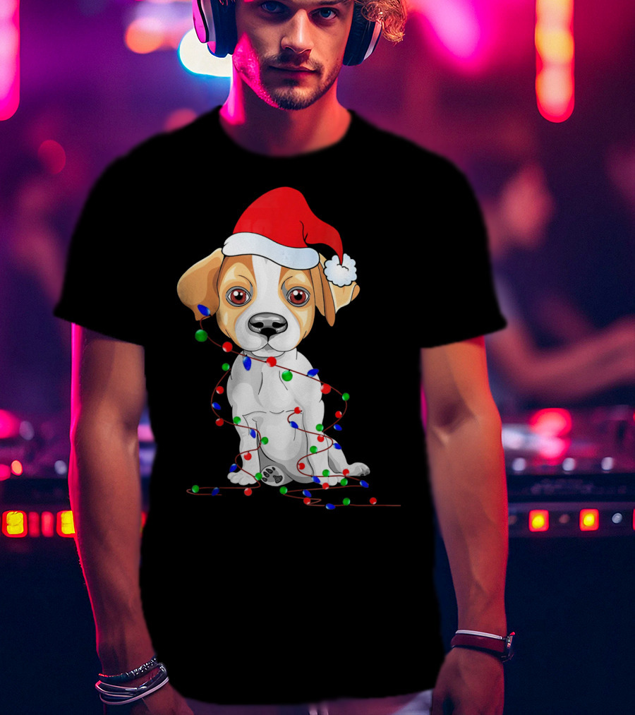 Jack Russell Christmas Lights Decoration Santa Hat T-Shirt