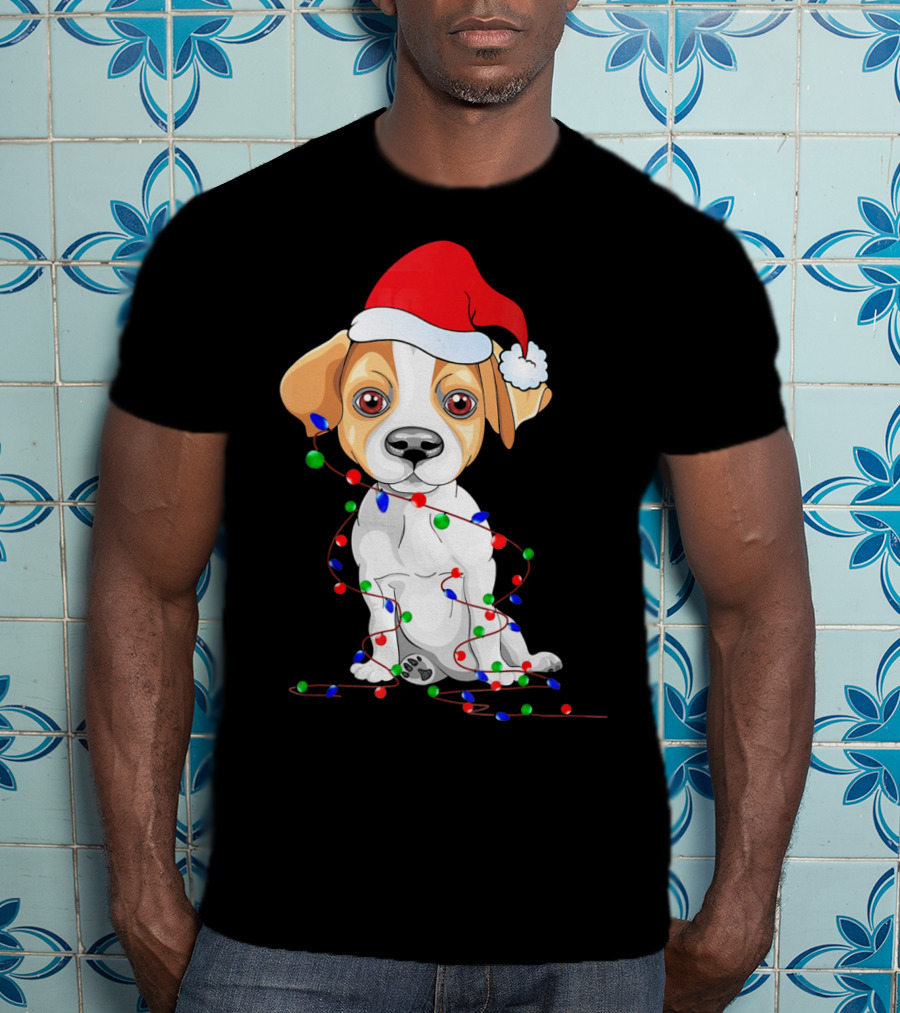 Jack Russell Christmas Lights Decoration Santa Hat T-Shirt