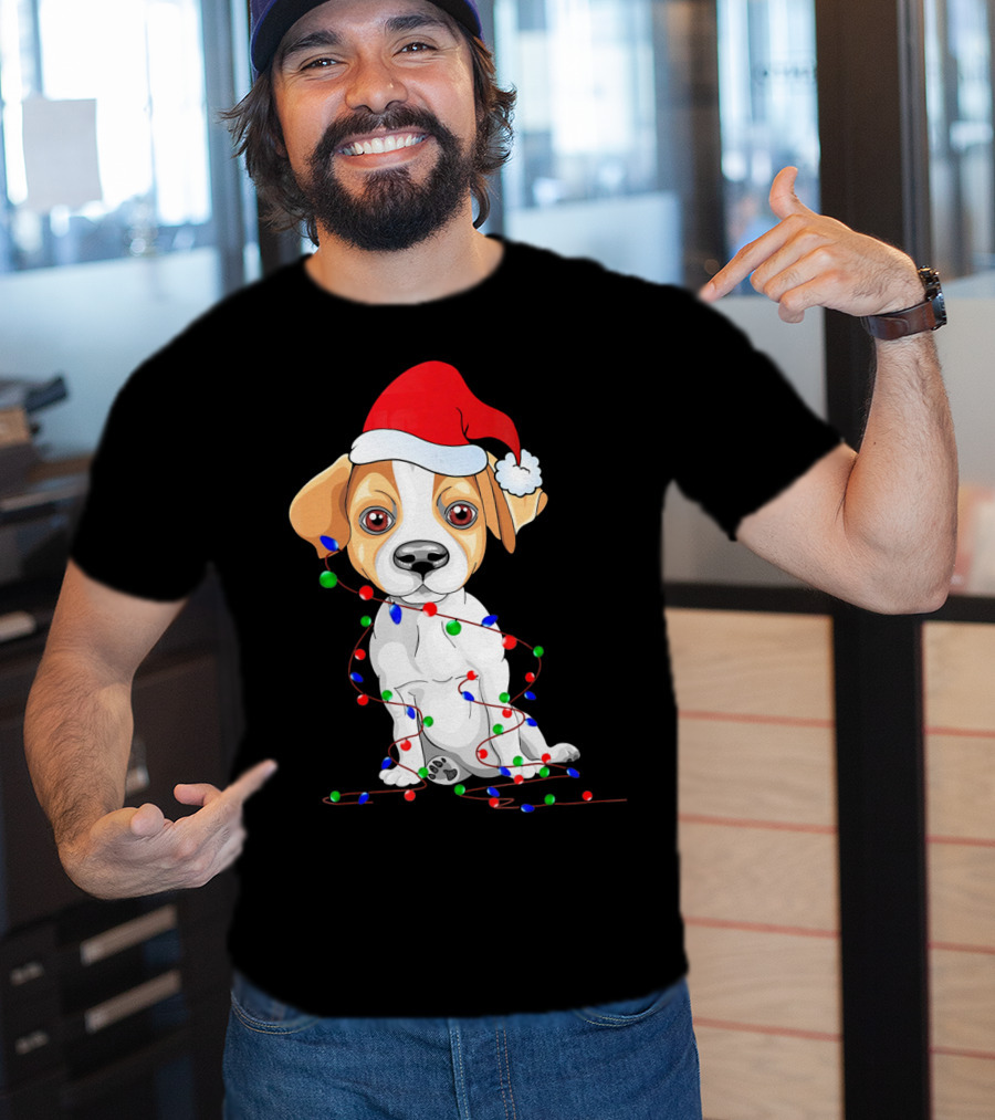 Jack Russell Christmas Lights Decoration Santa Hat T-Shirt