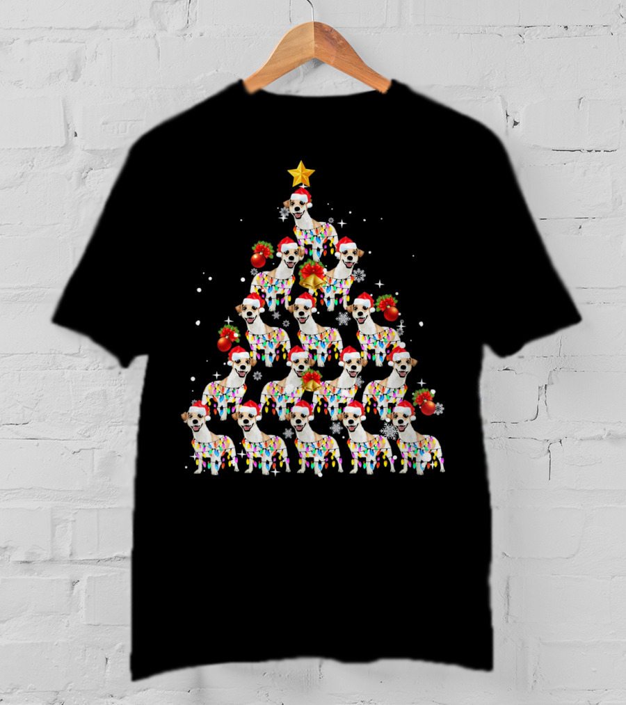 Jack Russell Dog With Santa Hat And Christmas Lights In Tree Shape With Star Decoration T-Shirt