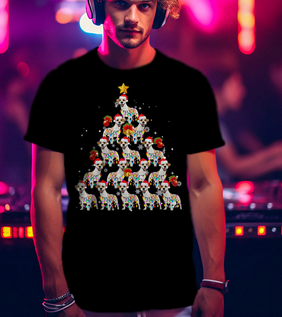 Jack Russell Dog With Santa Hat And Christmas Lights In Tree Shape With Star Decoration T-Shirt