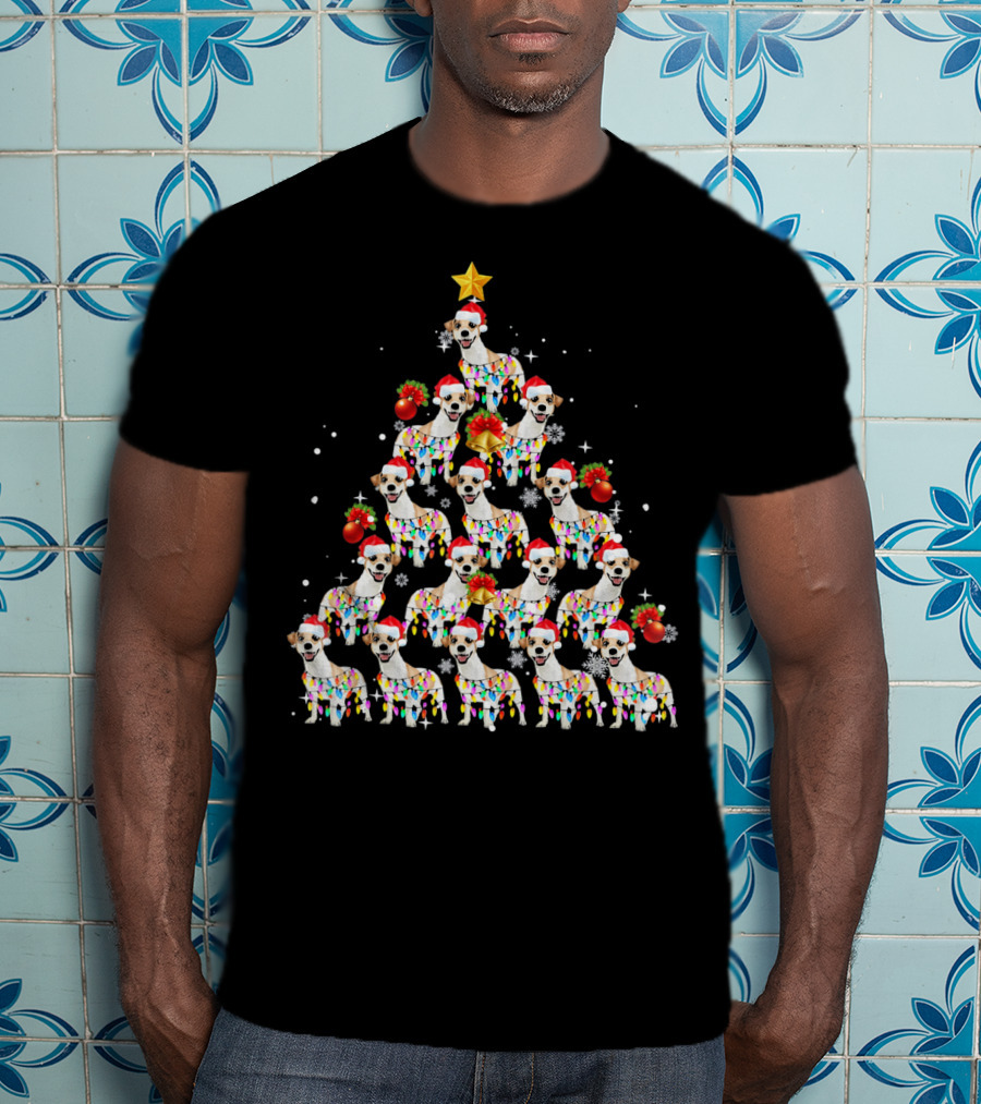 Jack Russell Dog With Santa Hat And Christmas Lights In Tree Shape With Star Decoration T-Shirt