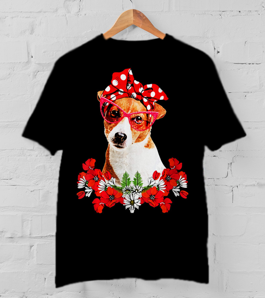 Jack Russell Dog Moms Red Polka Dot Bandana Glasses Mixed Flower Mothers T-Shirt