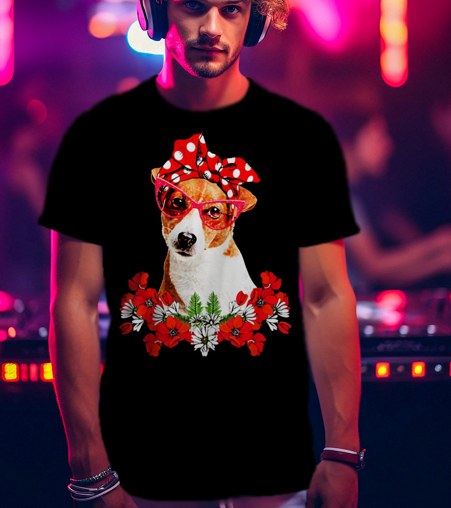 Jack Russell Dog Moms Red Polka Dot Bandana Glasses Mixed Flower Mothers T-Shirt