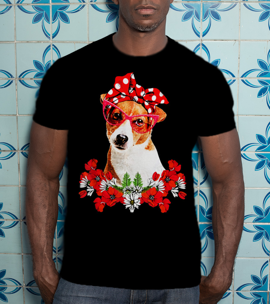 Jack Russell Dog Moms Red Polka Dot Bandana Glasses Mixed Flower Mothers T-Shirt