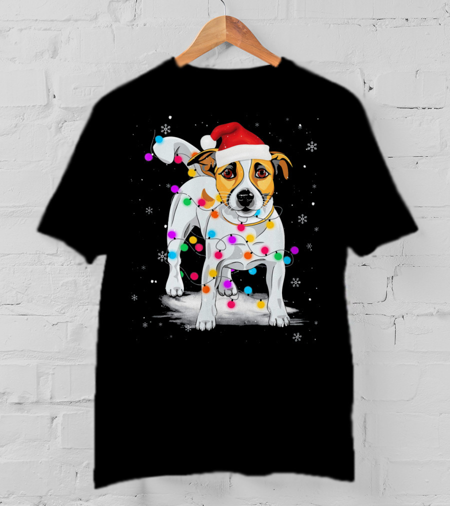 Jack Russell Terrier Santa Hat Wrapped In Christmas Lights Snowflakes T-Shirt