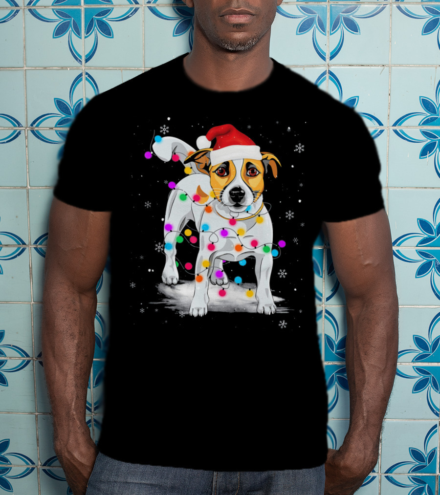 Jack Russell Terrier Santa Hat Wrapped In Christmas Lights Snowflakes T-Shirt