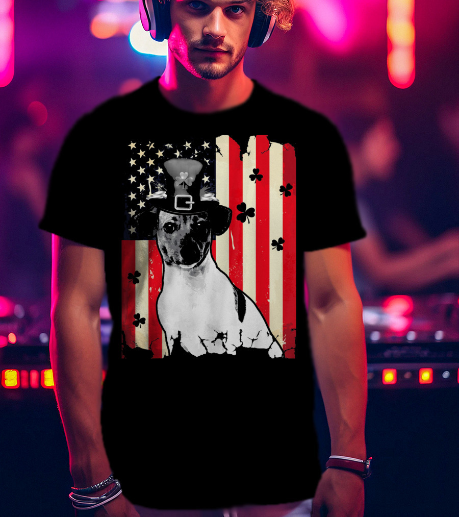 Jack Russell Terrier American Flag St Patricks Day With Shamrocks T-Shirt